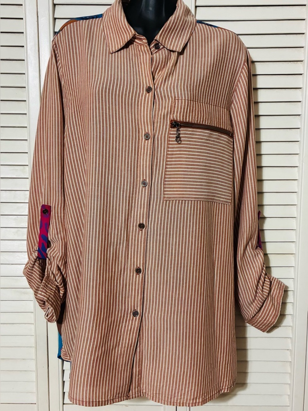 John Mark ladies Tan & White Striped Casual Button-Down Shirt
